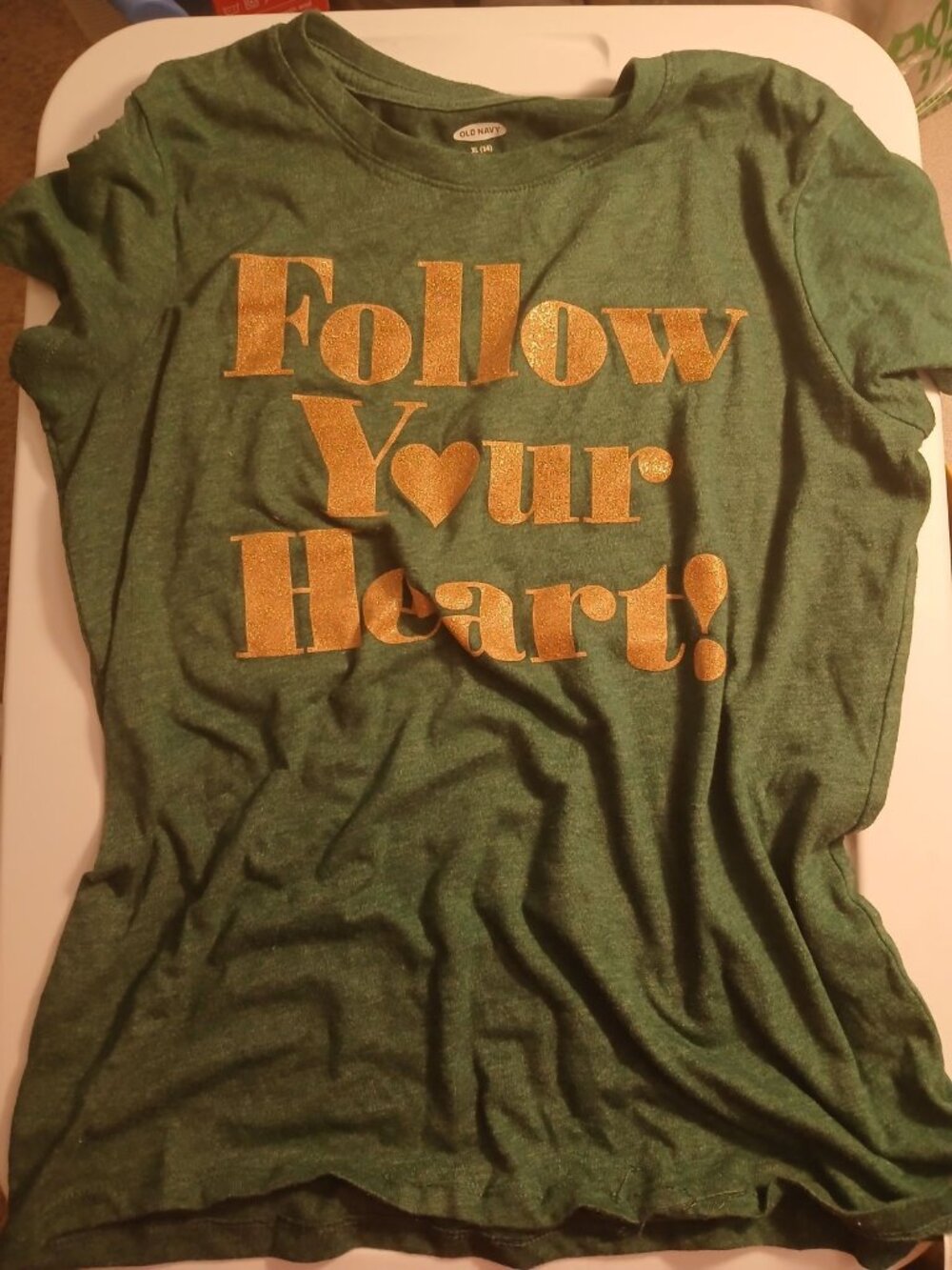 Old Navy XL Follow Your Heart Dark Green And Gold Girls Shirt